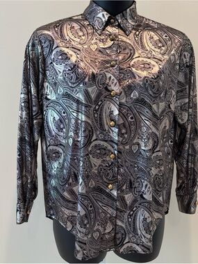 Vintage 80’s Silver Thread Metallic Button-Down Shirt - Black & Silver